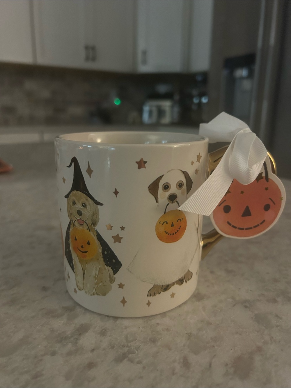 “New” Heatherlee Chan Halloween Dog Ceramic Mug with Gold Handle